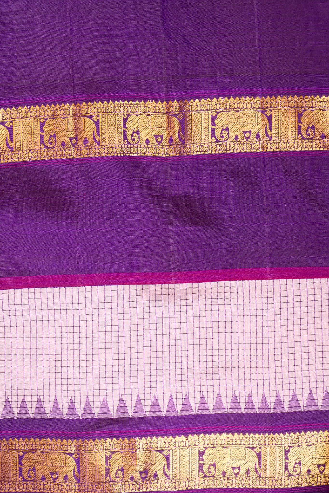 Lilac Checks and Purple Pure Kanchipuram Silk Saree - Clio Silks