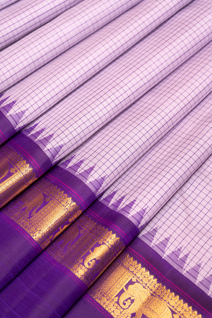 Lilac Checks and Purple Pure Kanchipuram Silk Saree - Clio Silks