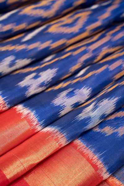 Blue and Red Pure Ikat Silk Cotton Saree - Clio Silks