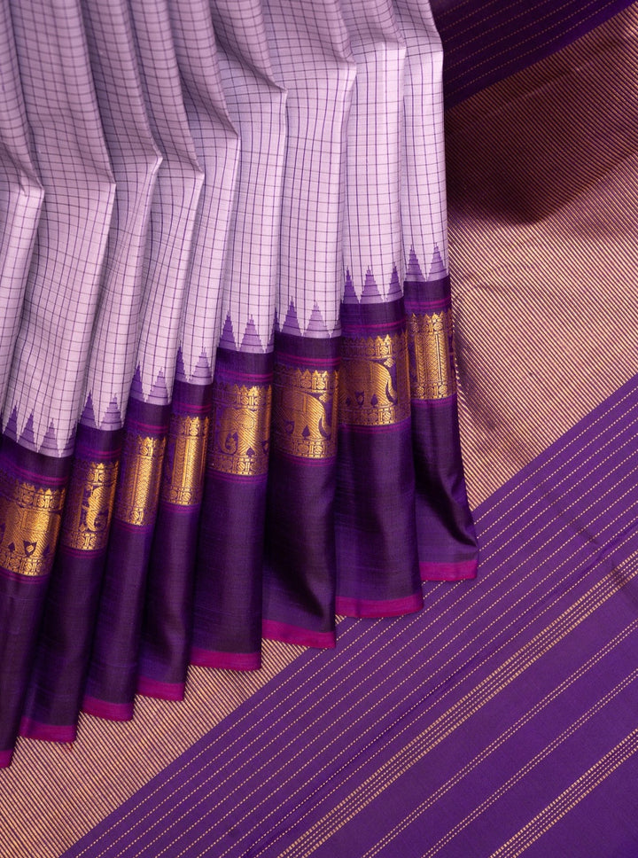 Lilac Checks and Purple Pure Kanchipuram Silk Saree - Clio Silks
