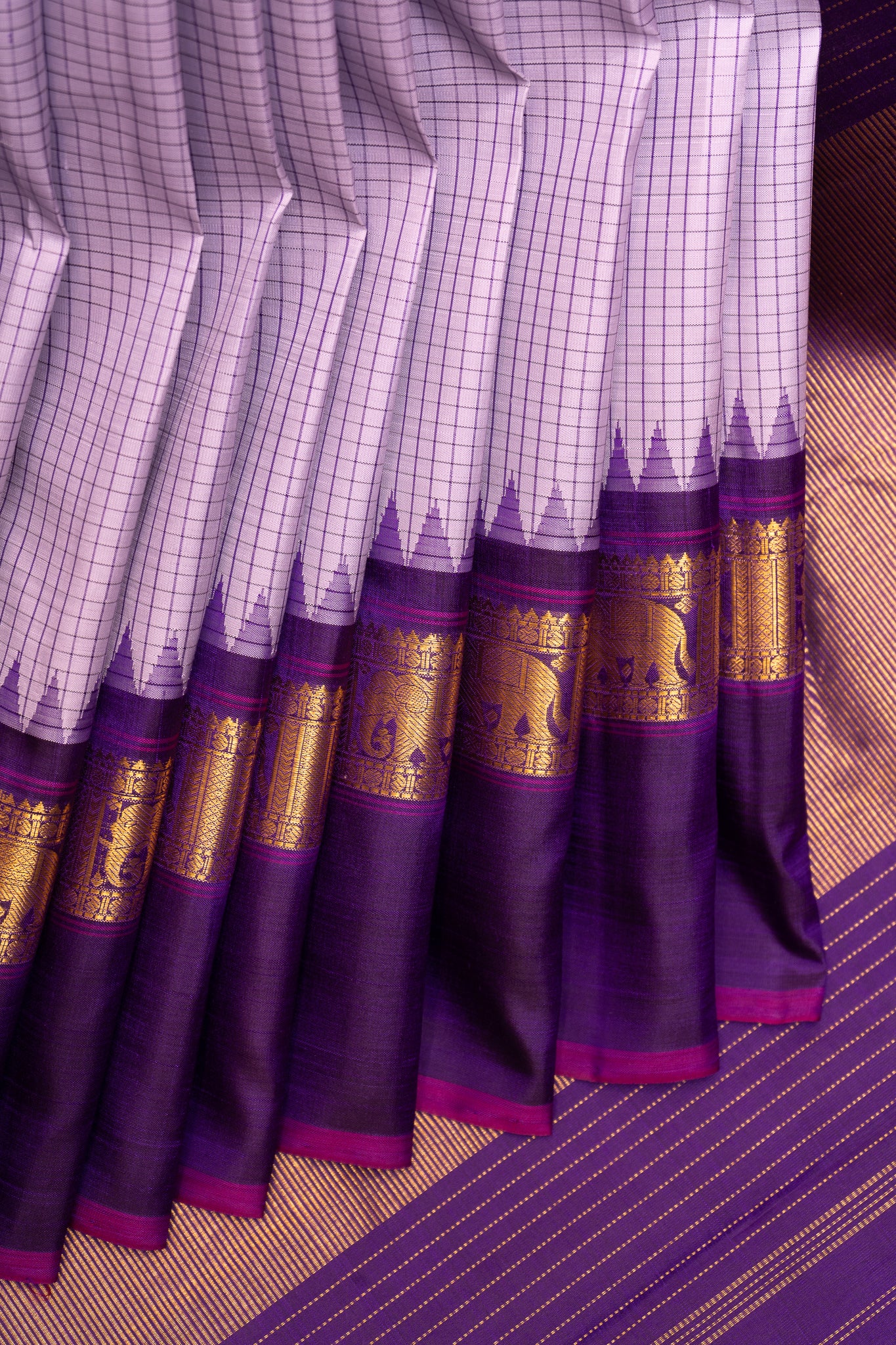 Lilac Checks and Purple Pure Kanchipuram Silk Saree - Clio Silks