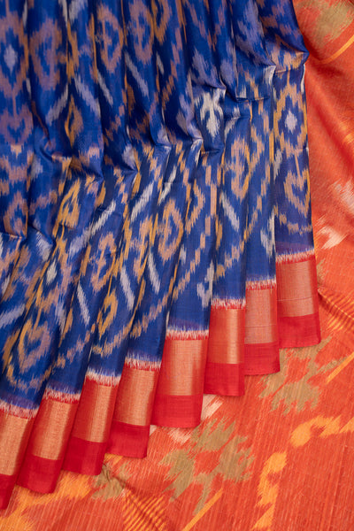 Blue and Red Pure Ikat Silk Cotton Saree - Clio Silks