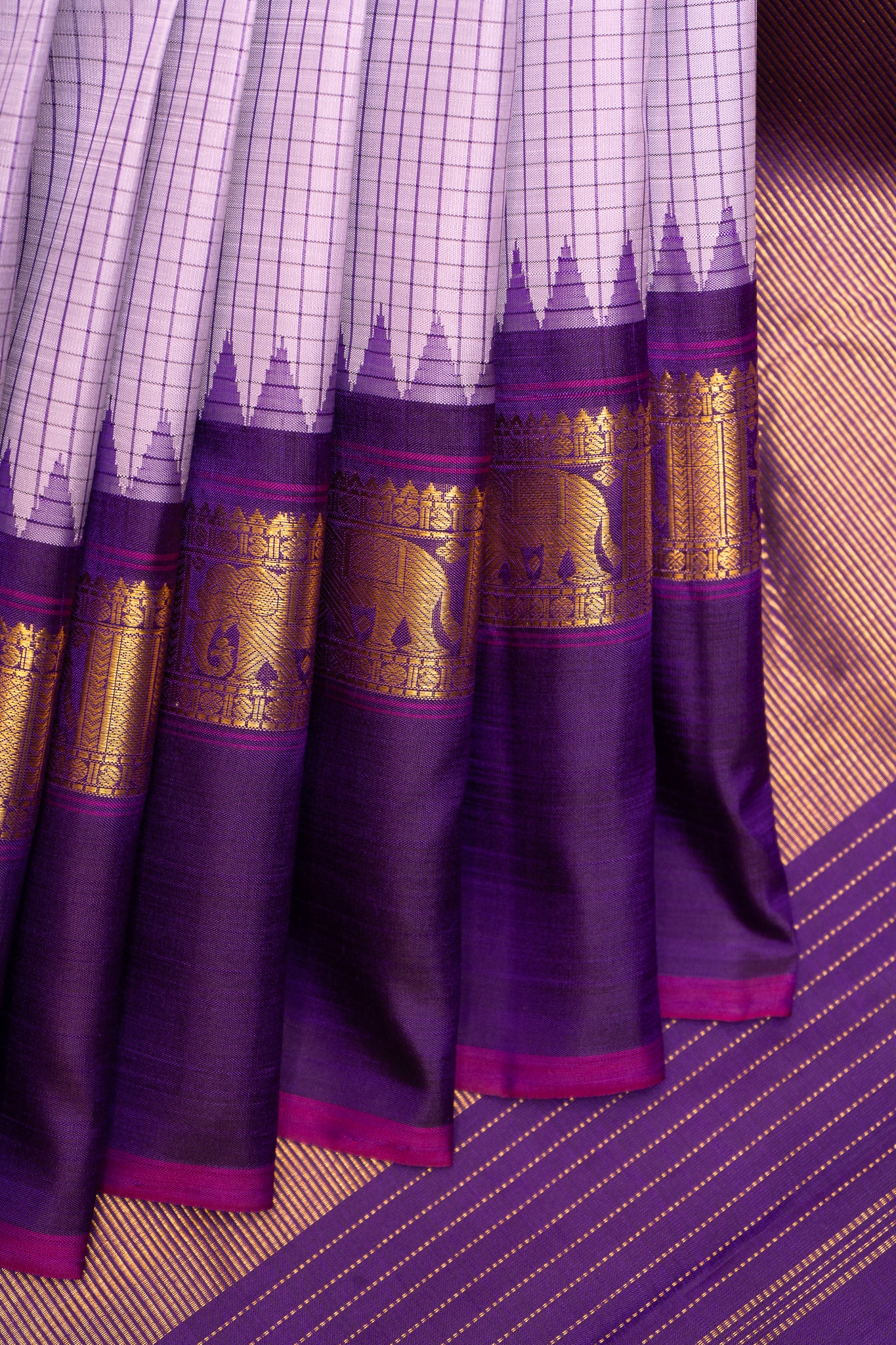 Lilac Checks and Purple Pure Kanchipuram Silk Saree - Clio Silks