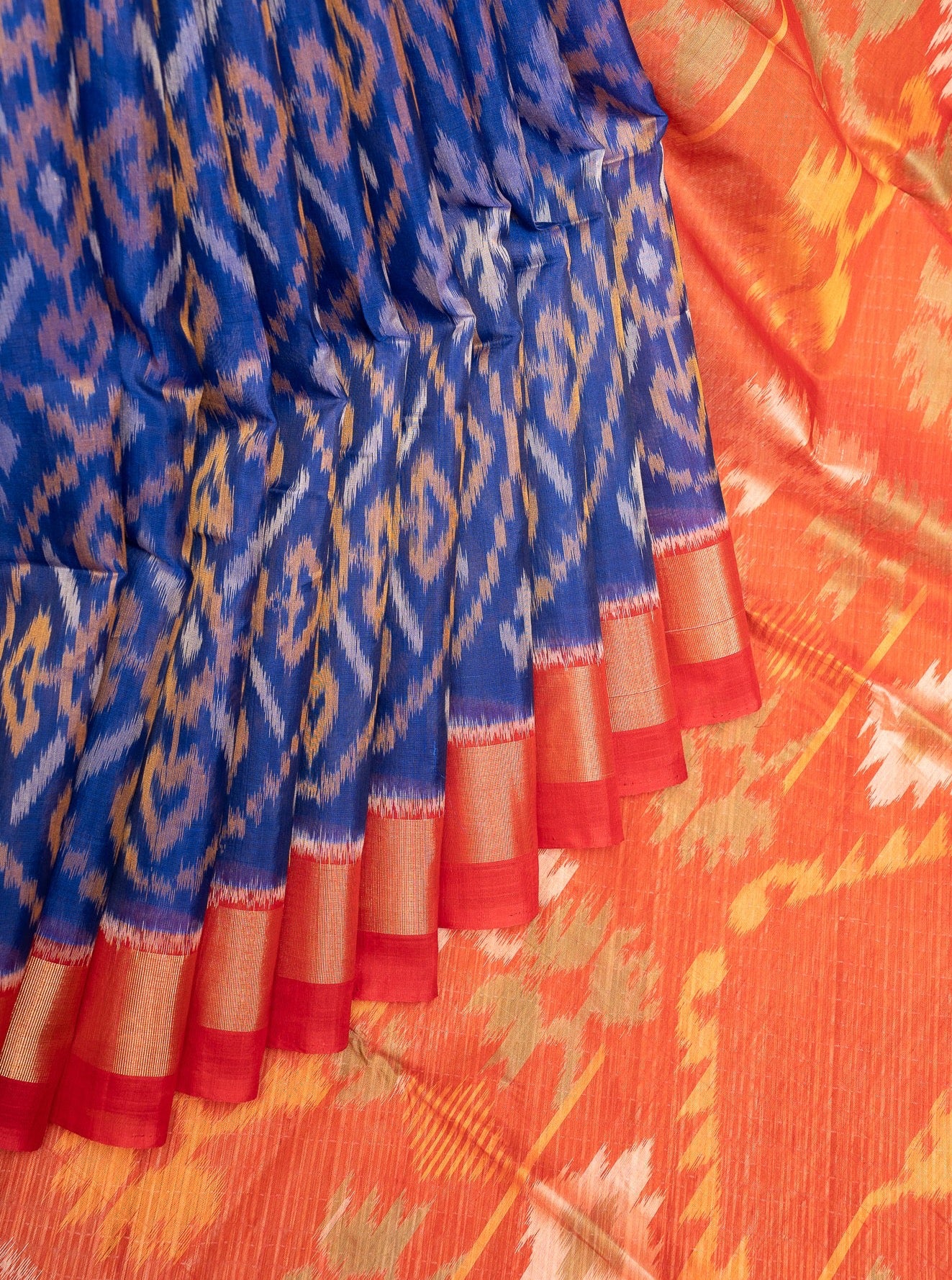 Blue and Red Pure Ikat Silk Cotton Saree - Clio Silks