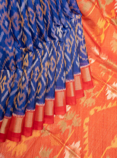 Blue and Red Pure Ikat Silk Cotton Saree - Clio Silks