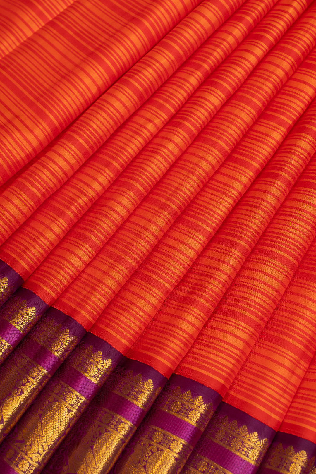 Orange and purple stripes pure Kanchipuram silk saree