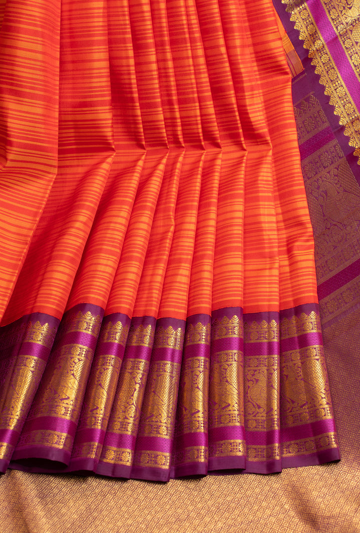 Orange and purple stripes pure Kanchipuram silk saree