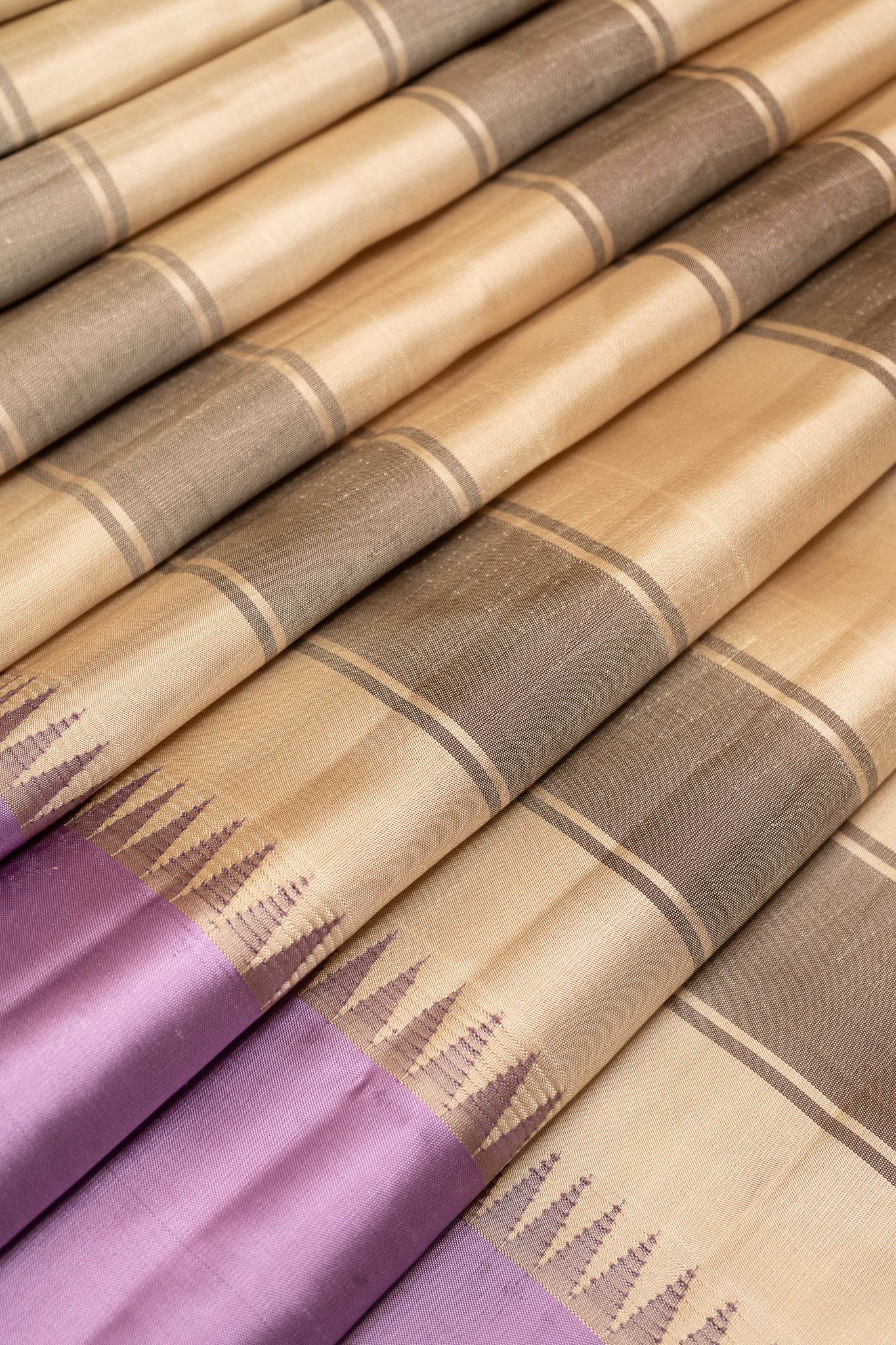 Beige and Lilac Without Zari Pure Kanchipuram Silk Saree - Clio Silks