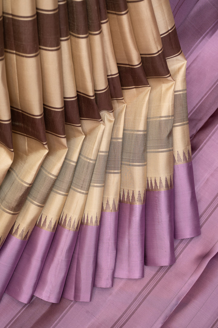 Beige and Lilac Without Zari Pure Kanchipuram Silk Saree - Clio Silks