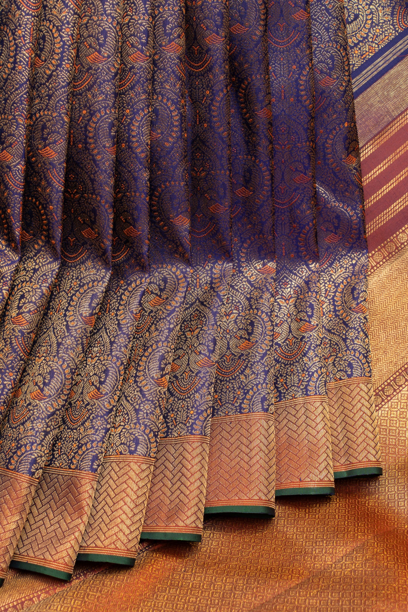 Indigo blue Kalamkari brocade pure Kanchipuram silk saree