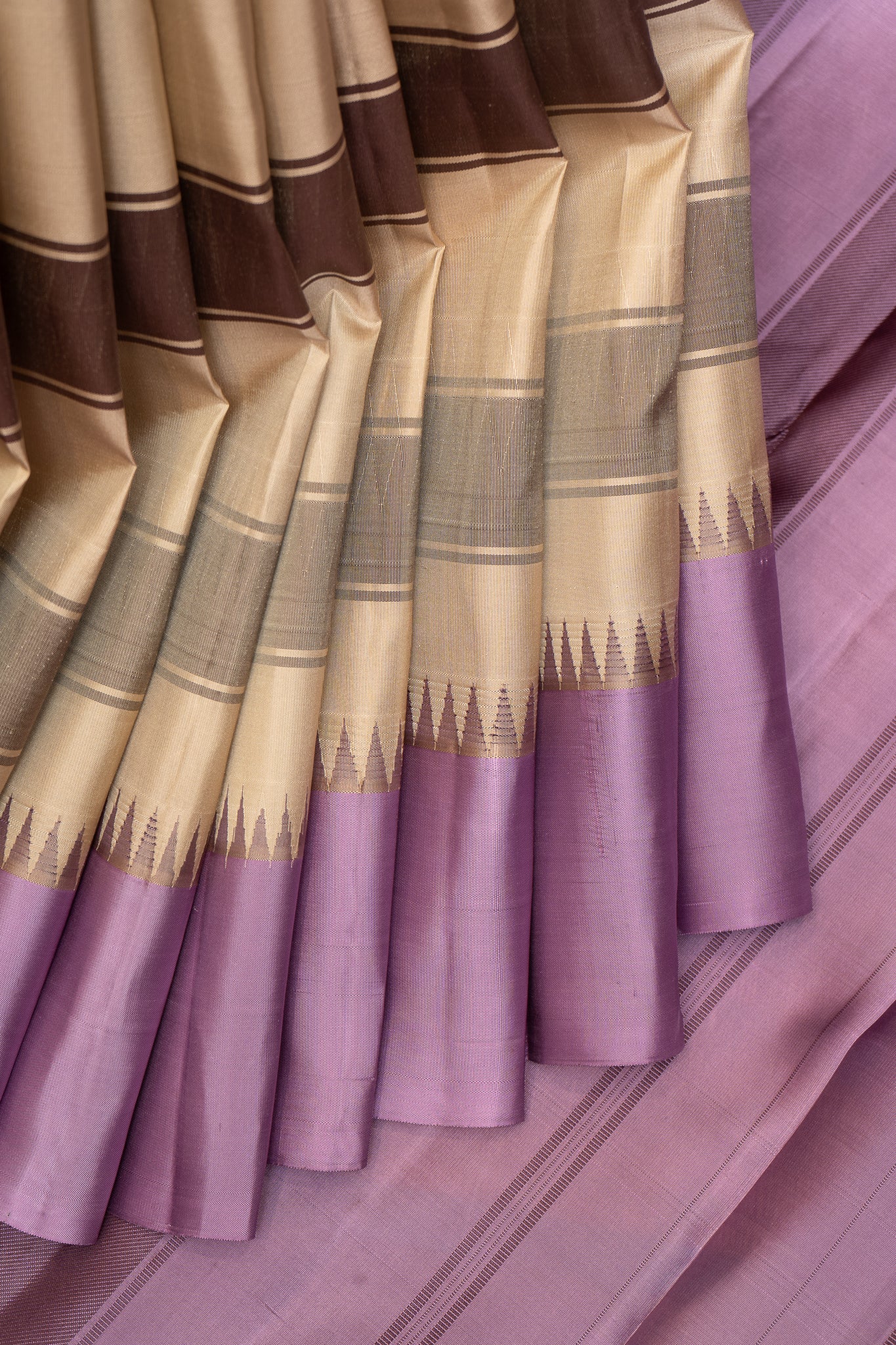 Beige and Lilac Without Zari Pure Kanchipuram Silk Saree - Clio Silks