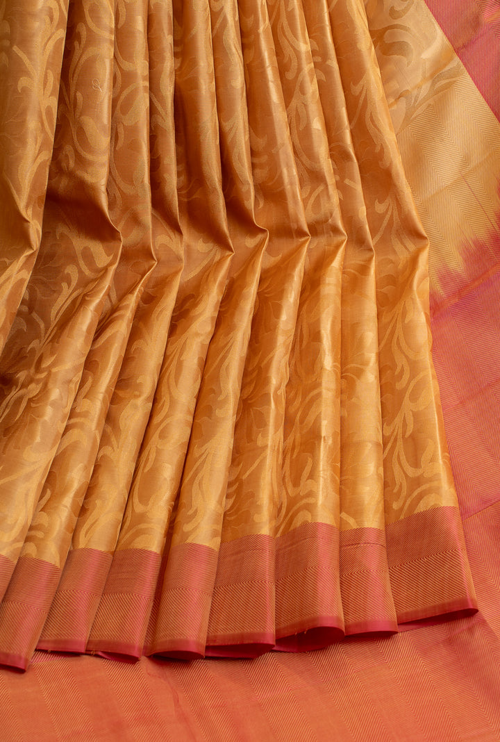 Beige and pink  thread embossed pure Kanchipuram silk saree