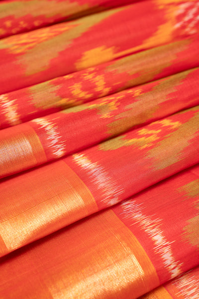 Red and Mustard Yellow Pure Ikkat Silk Cotton Saree - Clio Silks