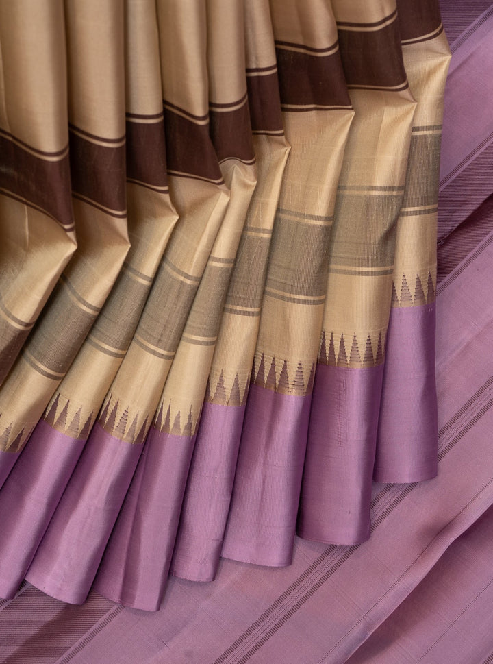 Beige and Lilac Without Zari Pure Kanchipuram Silk Saree - Clio Silks
