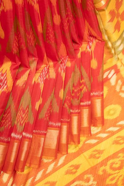 Red and Mustard Yellow Pure Ikkat Silk Cotton Saree - Clio Silks