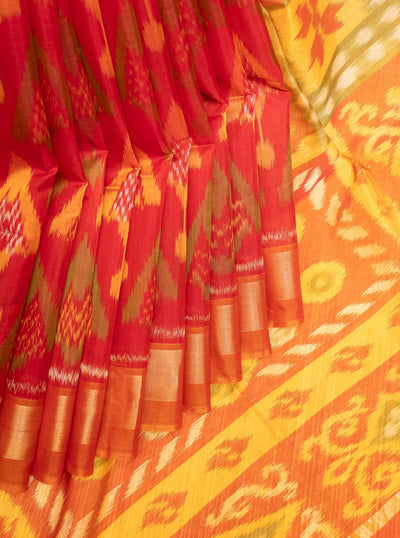 Red and Mustard Yellow Pure Ikkat Silk Cotton Saree - Clio Silks