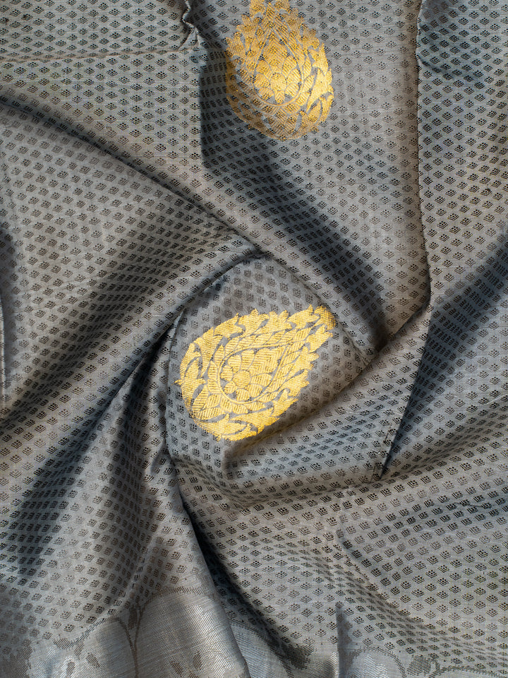 Grey and Maroon Embossed Pure Kanchipuram Silk Saree