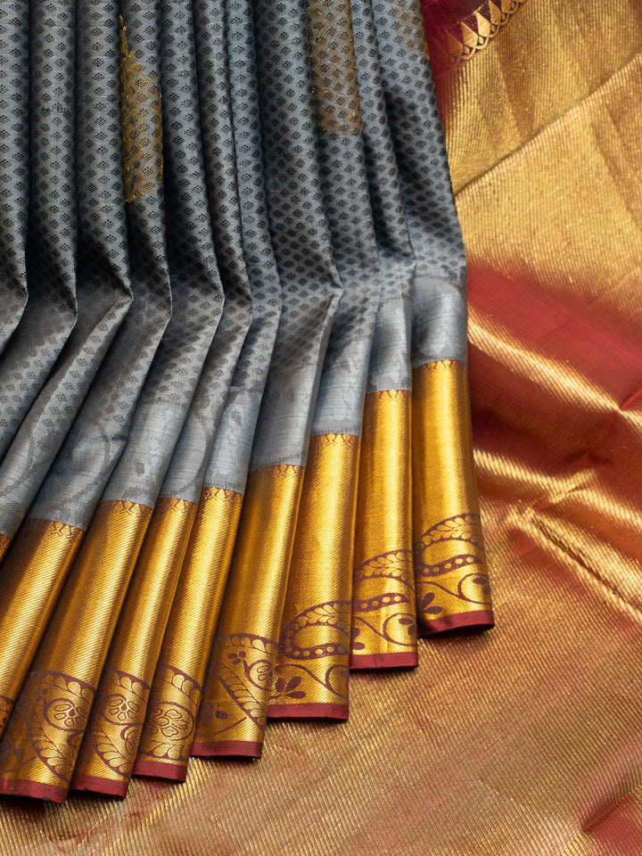 Grey and Maroon Embossed Pure Kanchipuram Silk Saree