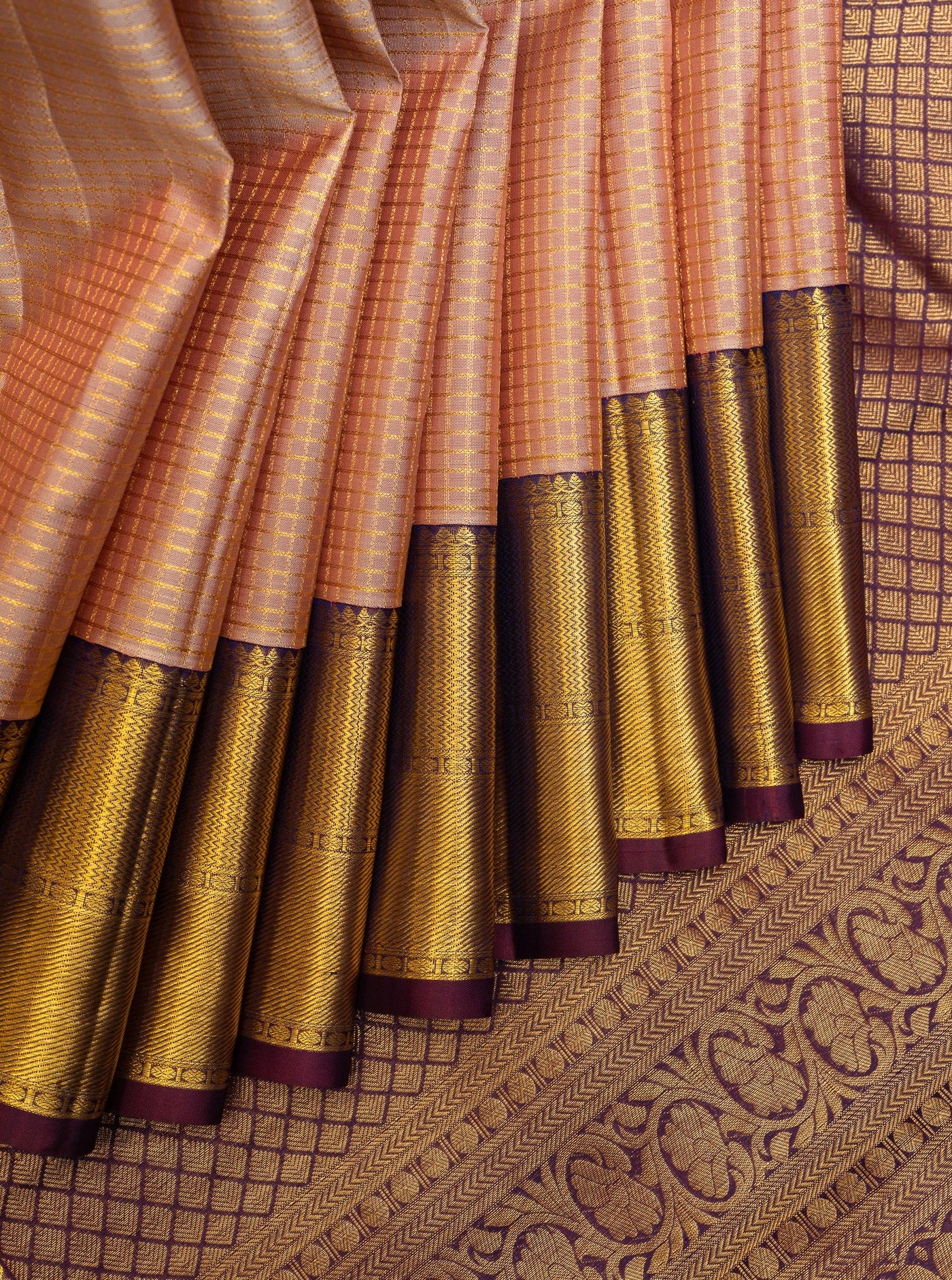 Coral Pink Zari Checks Pure Kanchipuram Silk Saree - Clio Silks