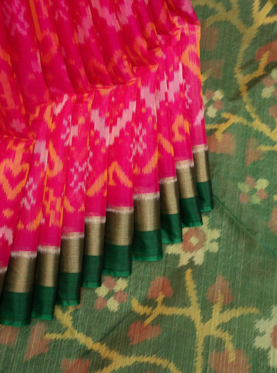 Rani Pink and Green Pure Ikat Silk Cotton Saree - Clio Silks