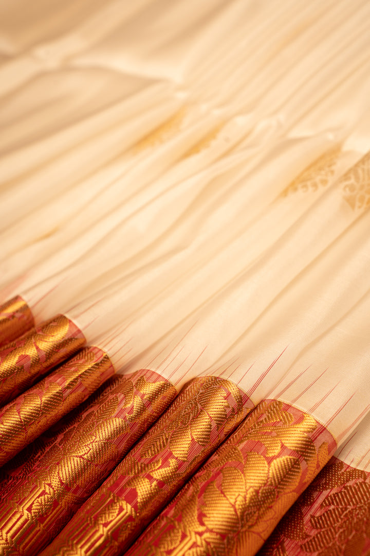 Off White and Maroon Pure Soft Silk Saree - Clio Silks