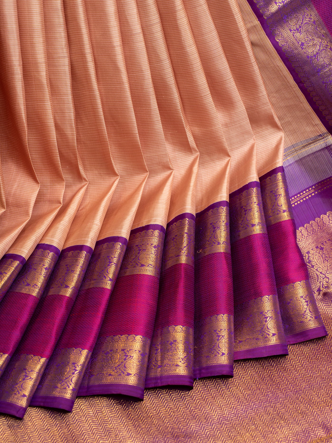 Dahli peach rettai pettu pure zari Kanchipuram silk saree