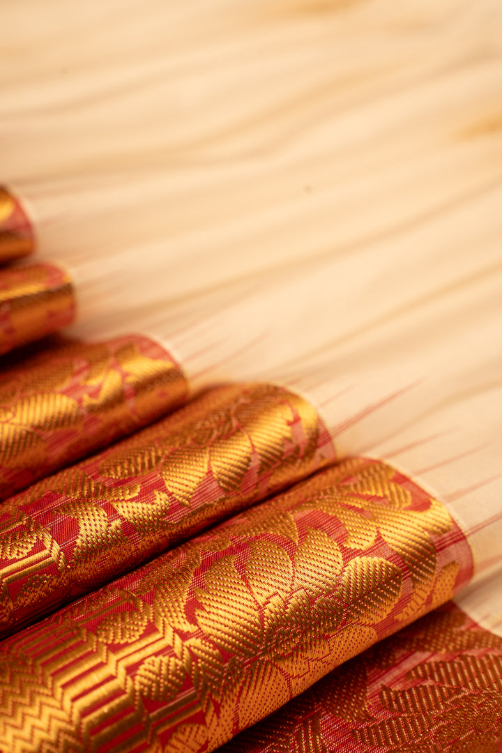 Off White and Maroon Pure Soft Silk Saree - Clio Silks