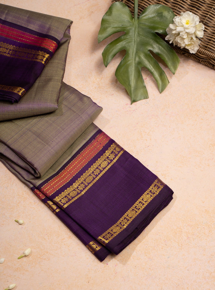 Purple Shot Color Zari Stripes Pure Kanchipuram Silk Sari - Clio Silks
