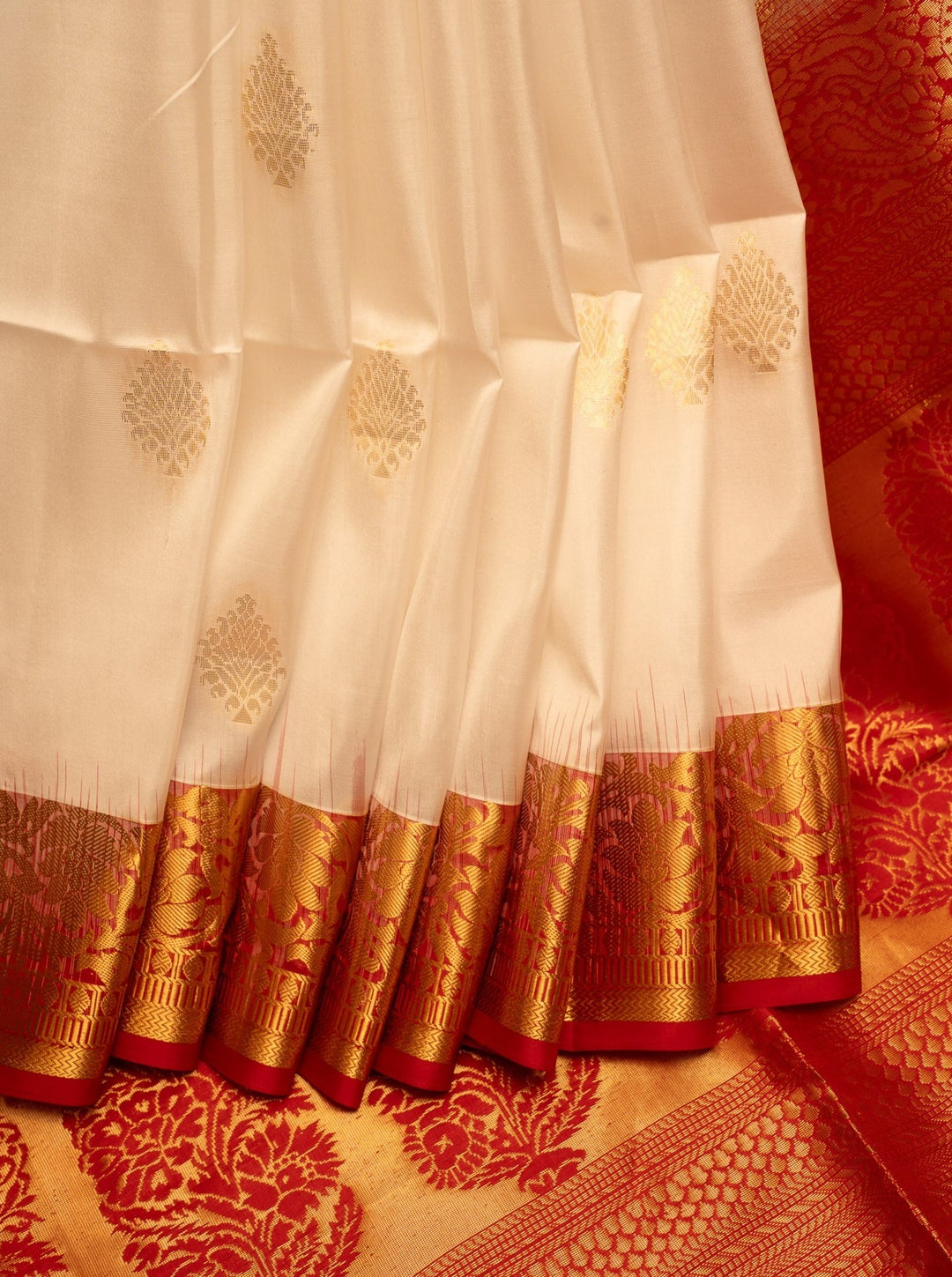 Off White and Maroon Pure Soft Silk Saree - Clio Silks