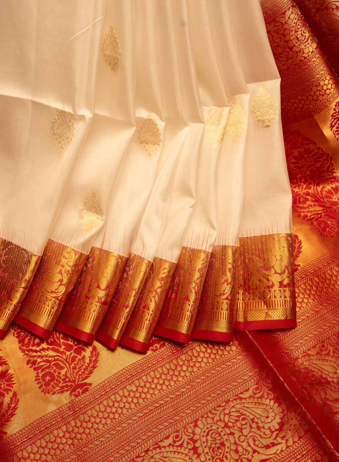 Off White and Maroon Pure Soft Silk Saree - Clio Silks