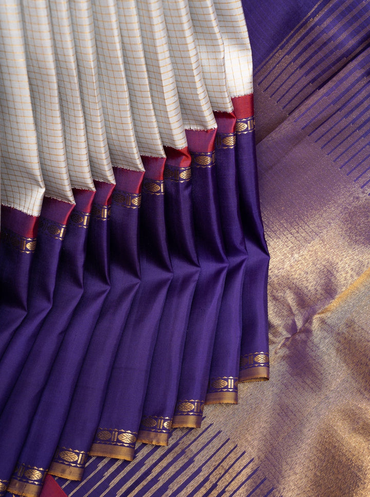 Grey Zari Checks Pure Kanchipuram Silk Saree - Clio Silks