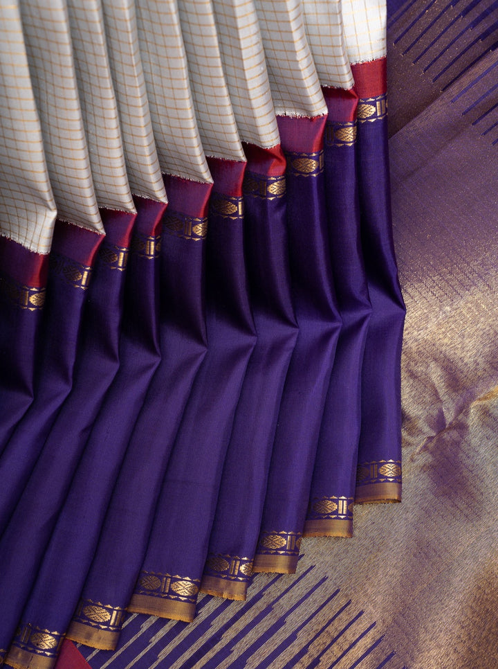 Grey Zari Checks Pure Kanchipuram Silk Saree - Clio Silks