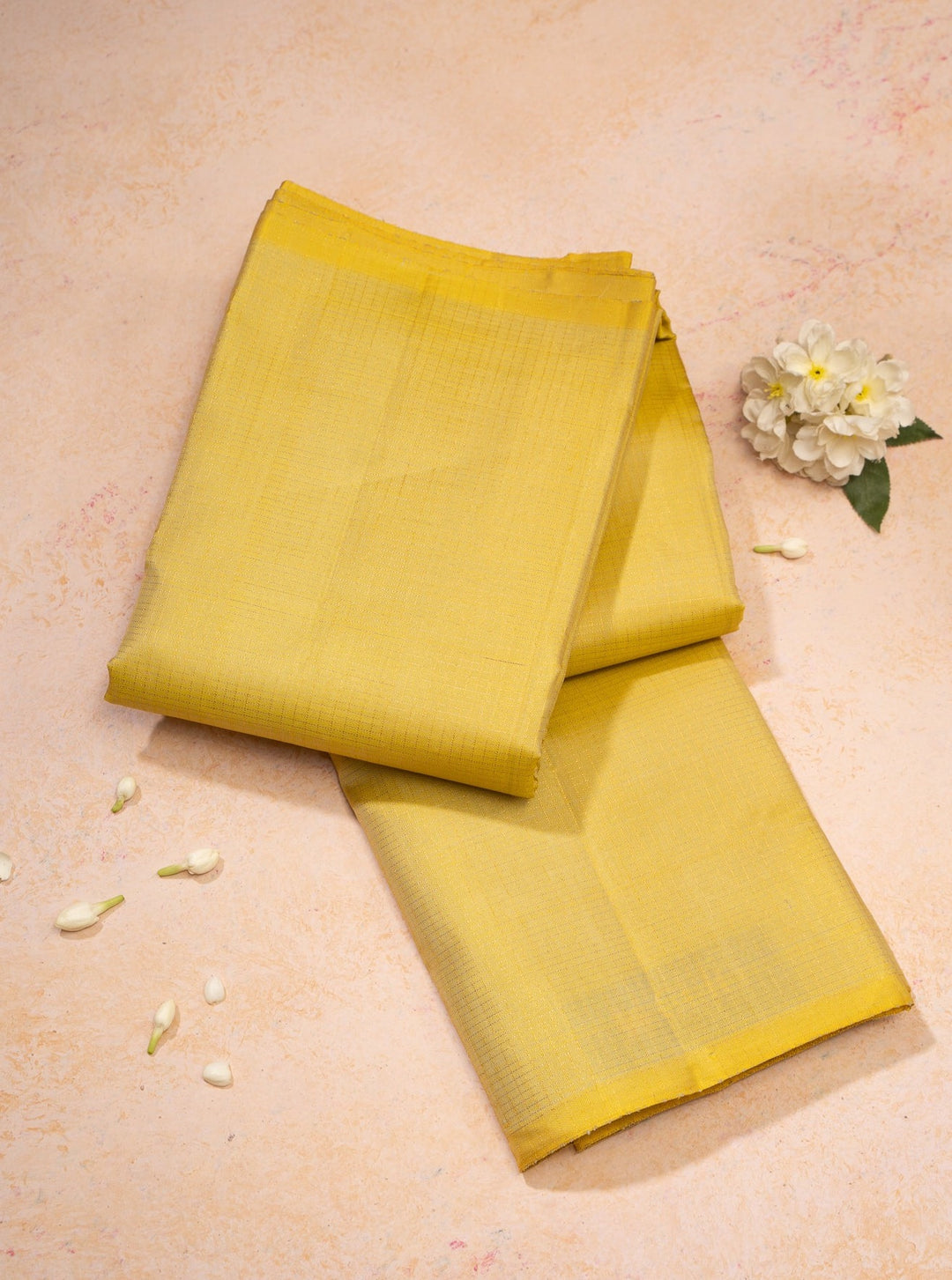 Pastel Yellow Borderless Zari Checks Pure Kanchipuram Silk Sari - Clio Silks