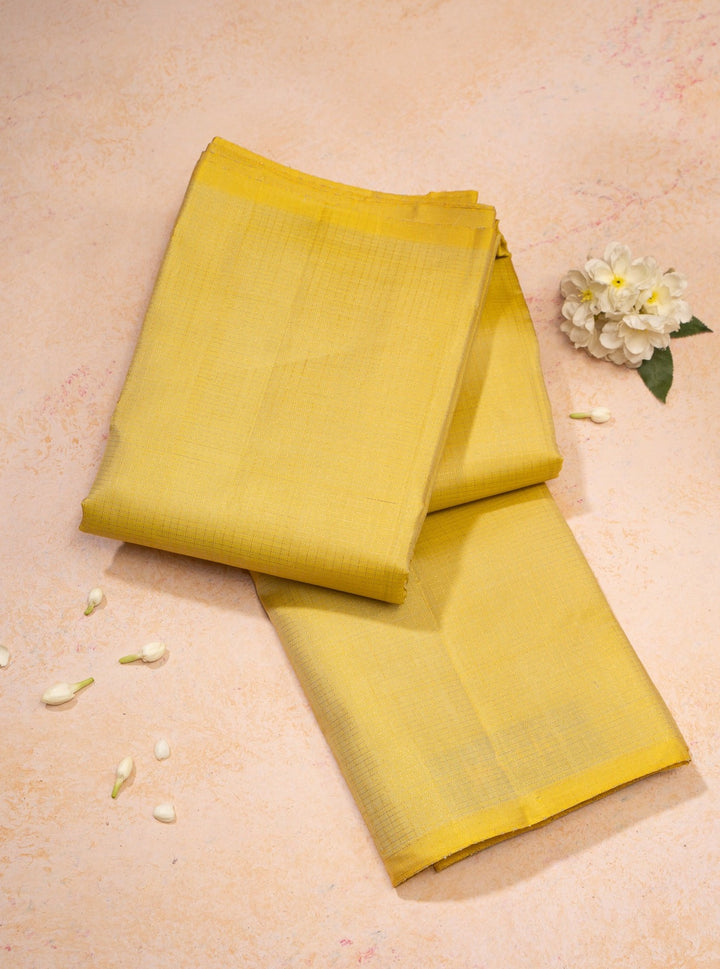 Pastel Yellow Borderless Zari Checks Pure Kanchipuram Silk Sari - Clio Silks