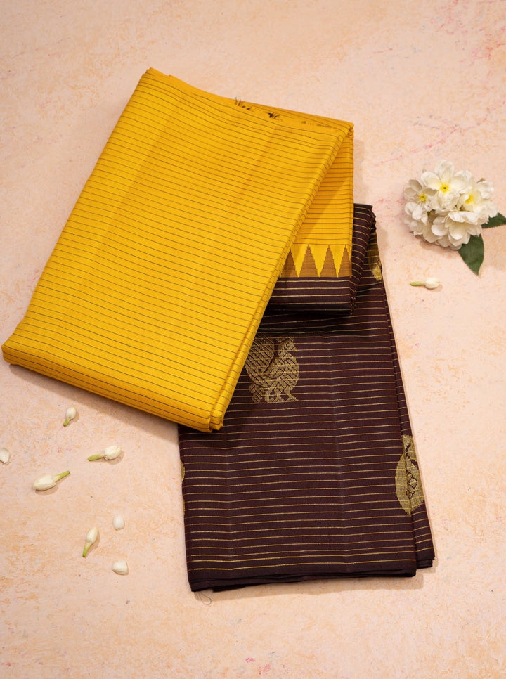 Yellow and Brown Stripes Borderless Traditional Pure Kanchipuram Silk Sari - Clio Silks