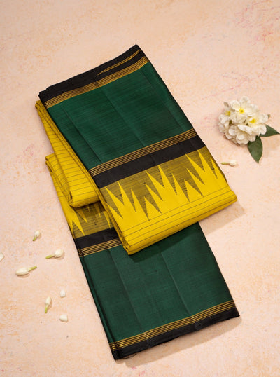 Yellow and Bottle Green Stripes Pure Kanchipuram Silk Sari - Clio Silks