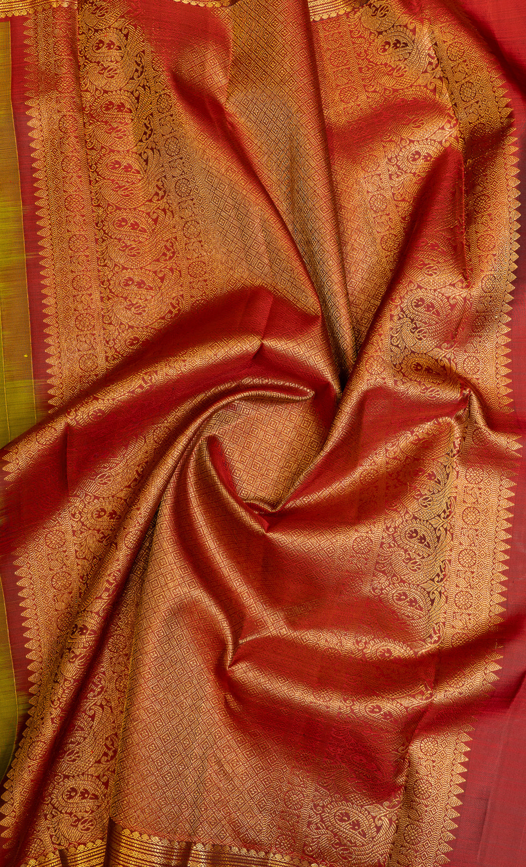 Mehendi green and red  pure Kanchipuram silk saree