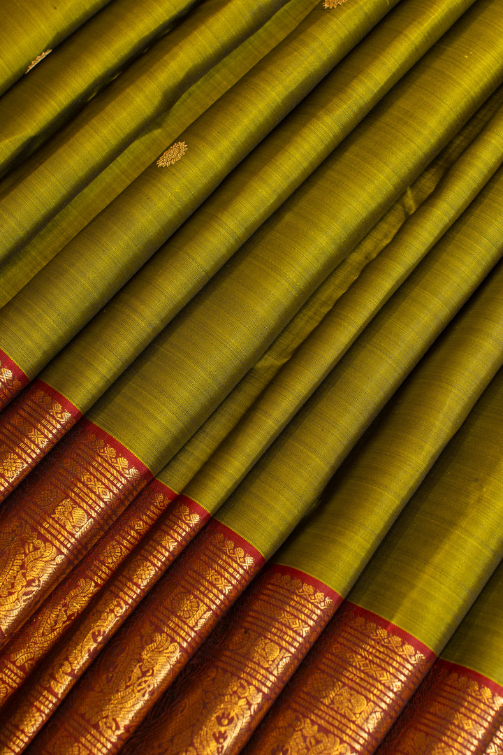 Mehendi green and red  pure Kanchipuram silk saree