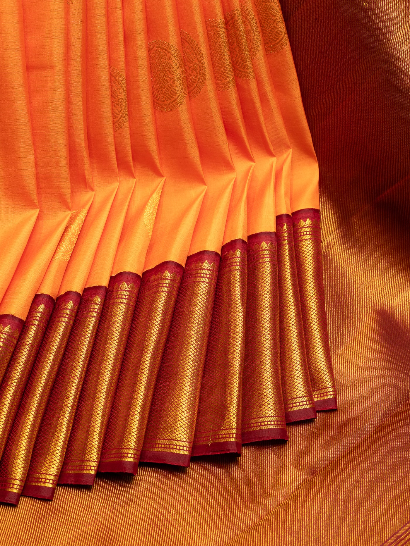 Orange and Maroon Traditional Pure Kanchipuram Silk Saree