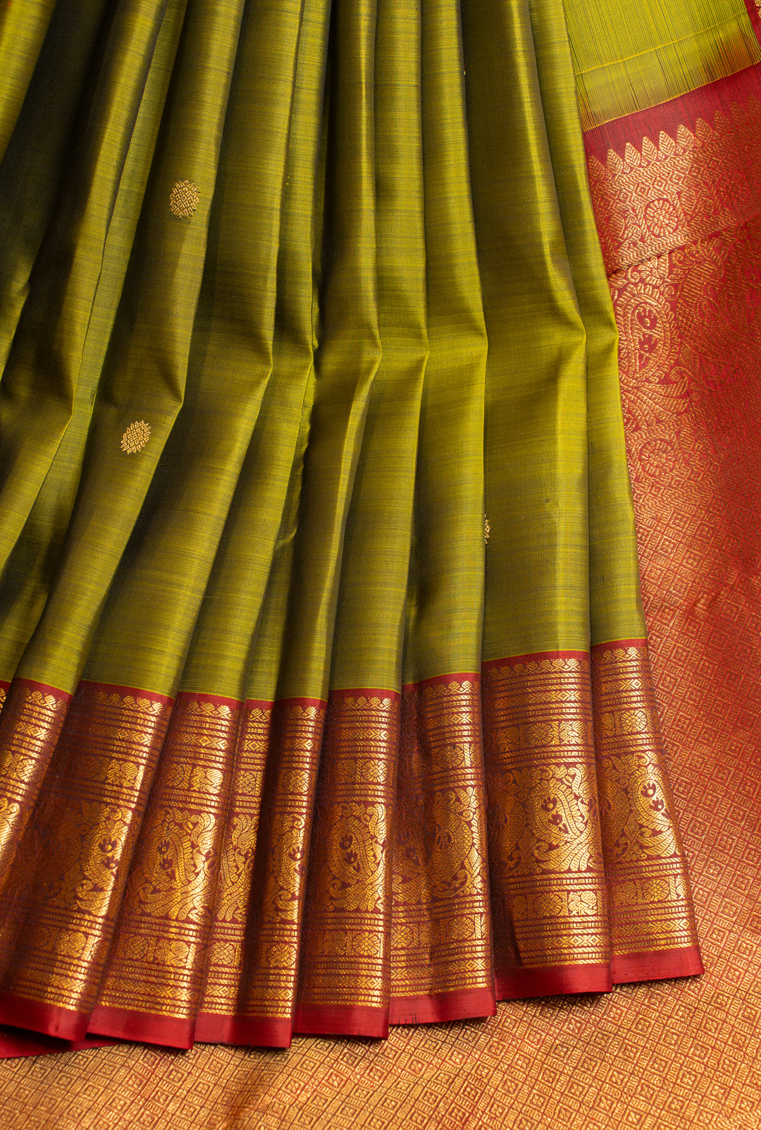 Mehendi green and red  pure Kanchipuram silk saree
