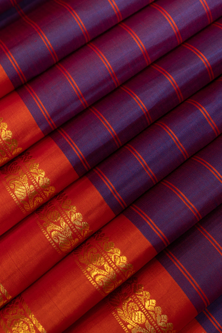 Purple and red stripes pure Kanchipuram silk saree