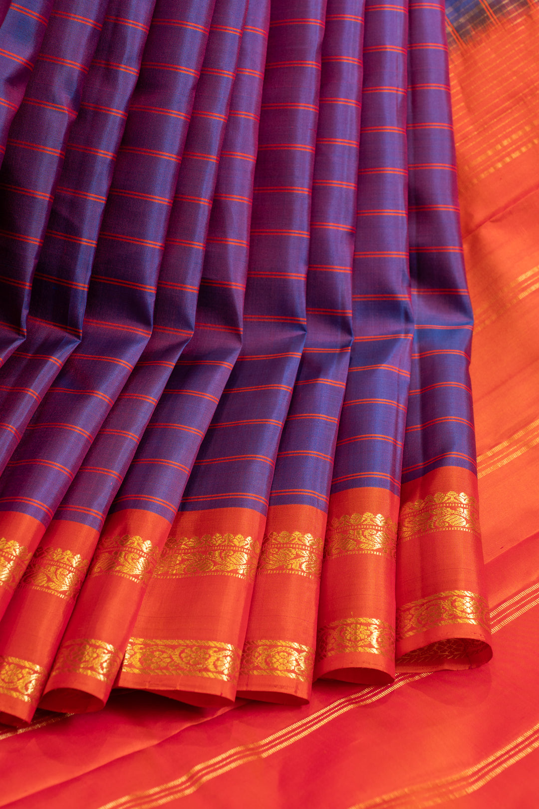 Purple and red stripes pure Kanchipuram silk saree