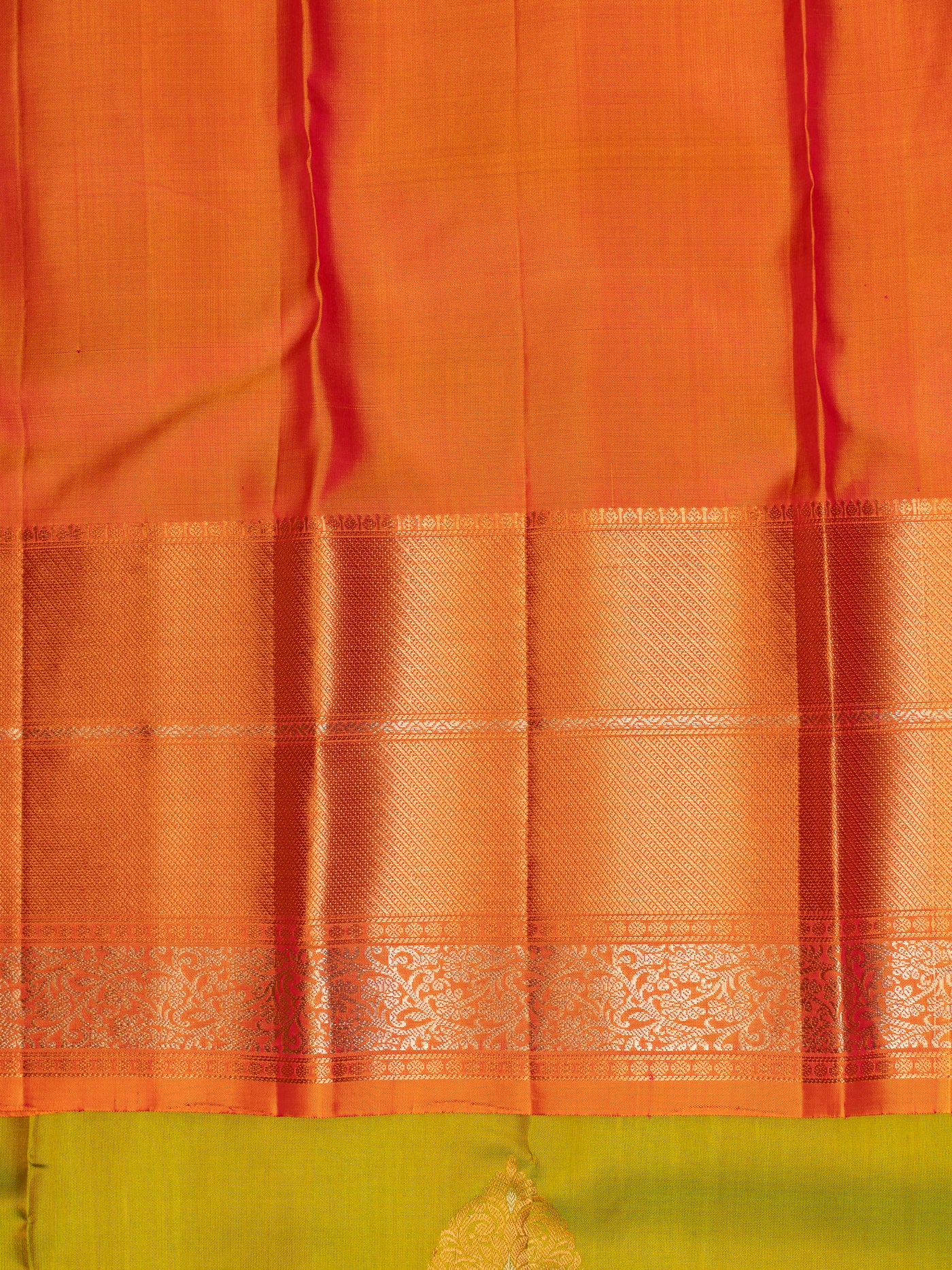 Leaf Green and Peach Pure Kanchipuram Silk Saree