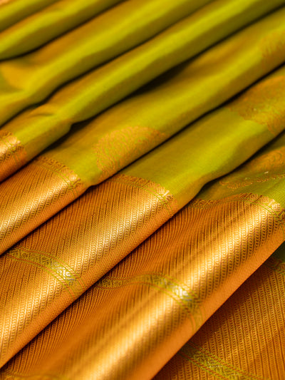 Leaf Green and Peach Pure Kanchipuram Silk Saree