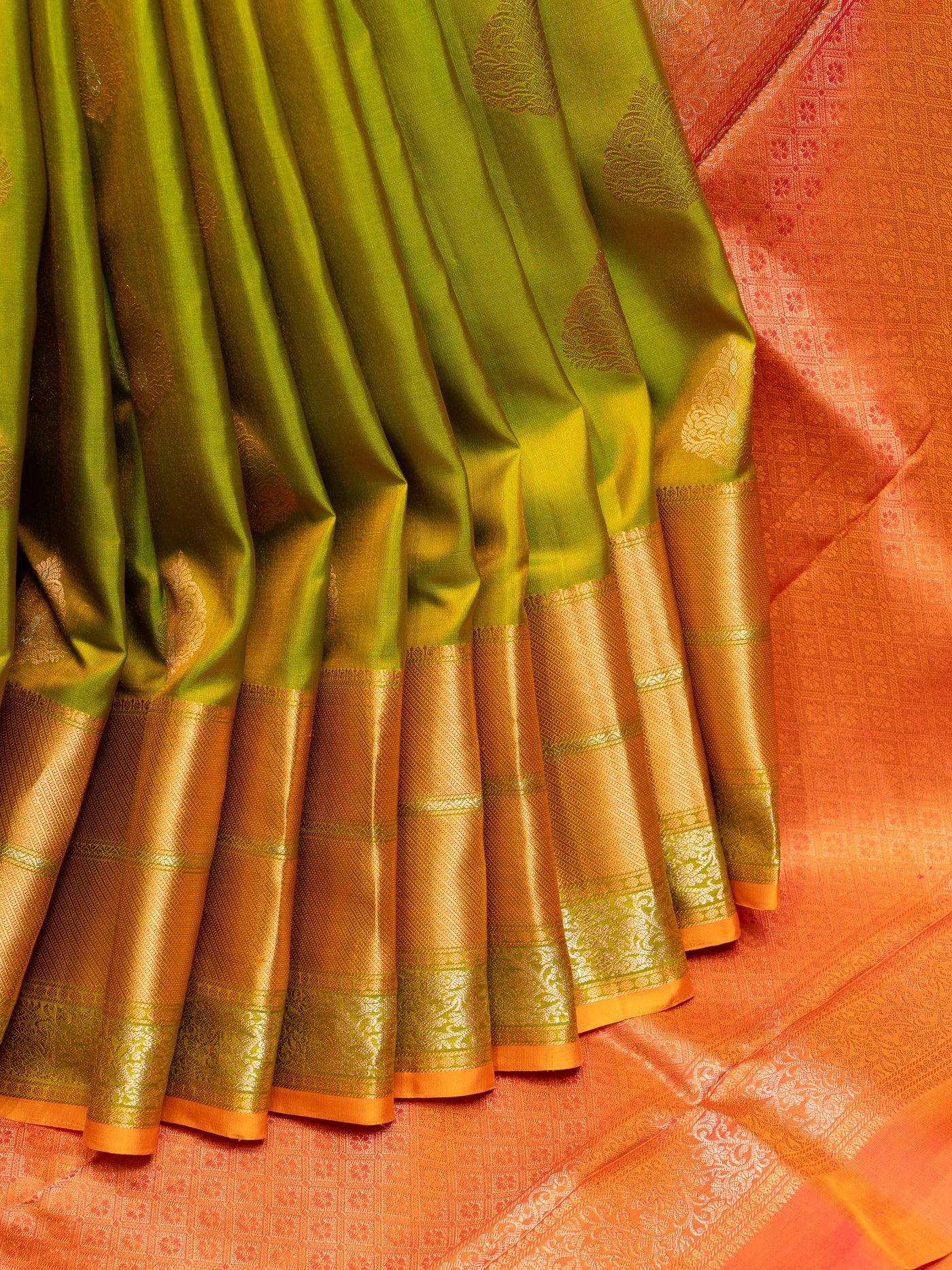 Leaf Green and Peach Pure Kanchipuram Silk Saree