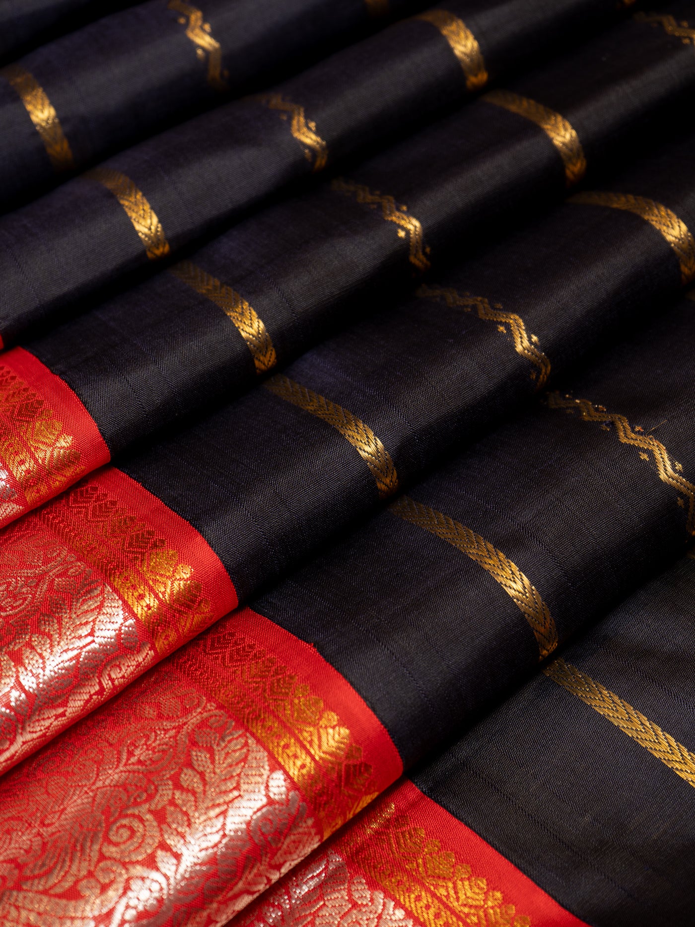 Midnight Blue Stripes Pure Kanchipuram Silk Saree - Clio Silks