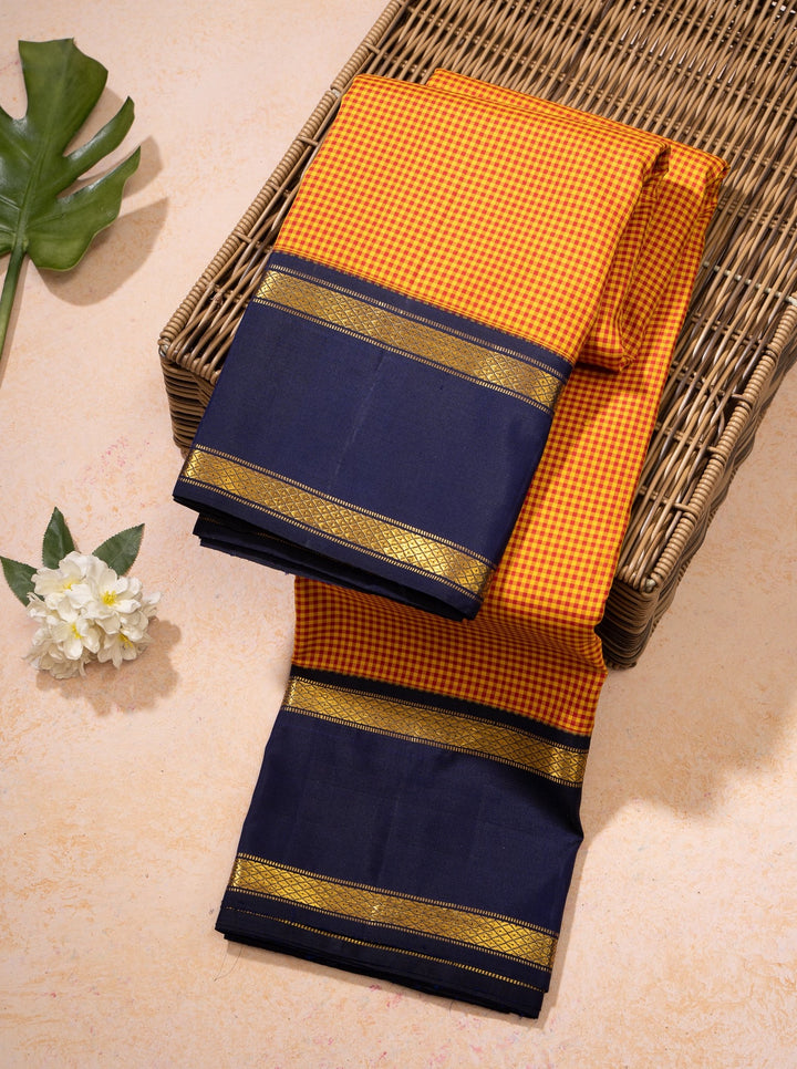 Orange and Navy Blue Podikattam Pure Kanchipuram Silk Saree - Clio Silks