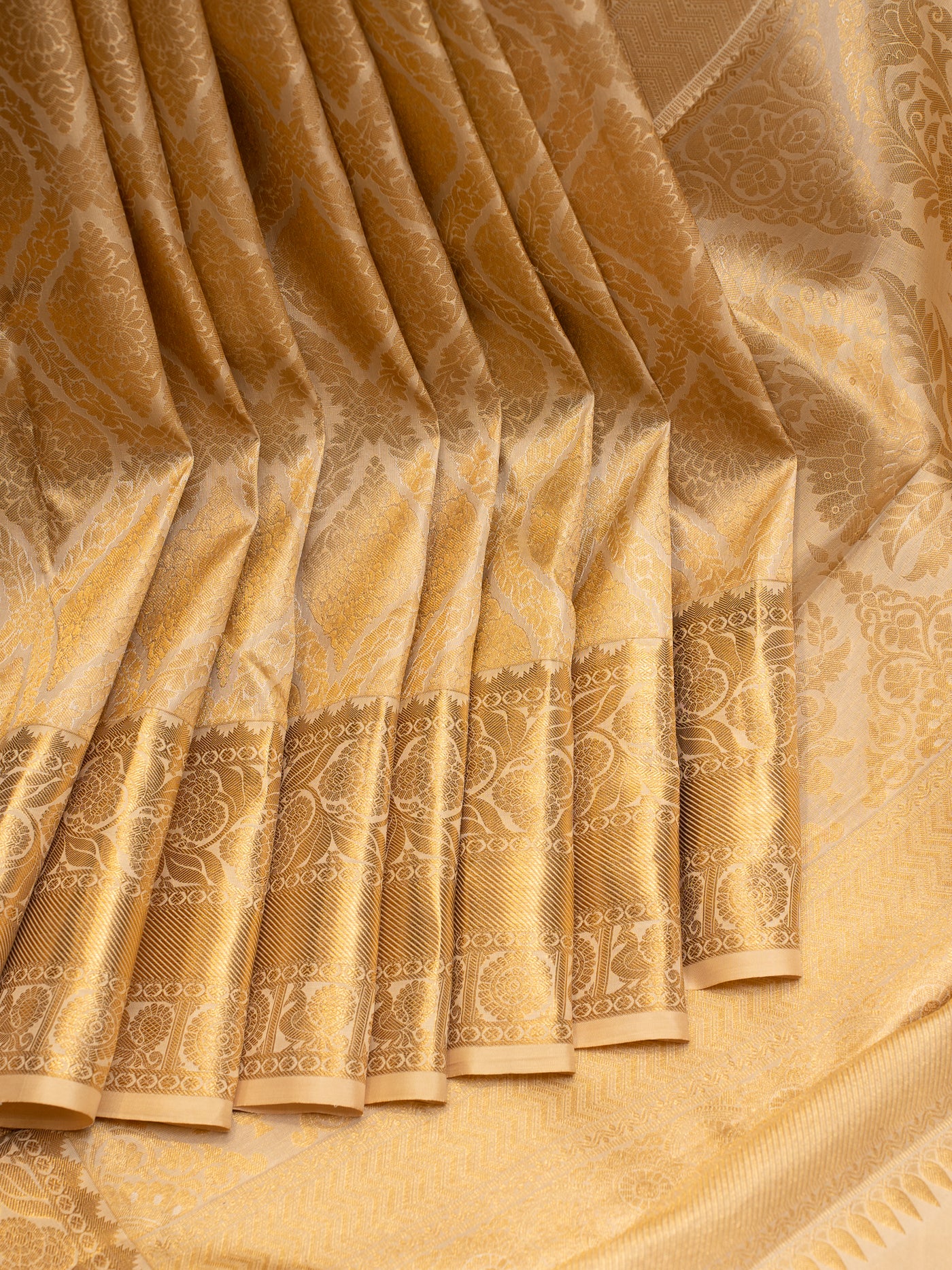 Beige and Gold Brocade Pure Kanchipuram Silk Saree