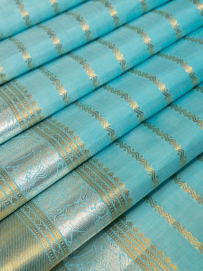 Baby Blue Zari Stripes Pure Kanchipuram Silk Saree - Clio Silks