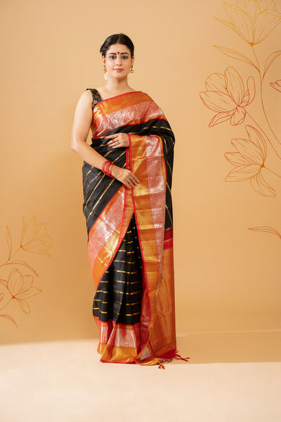 Black and Red stripes Pure Kanchipuram Silk Saree - Clio Silks